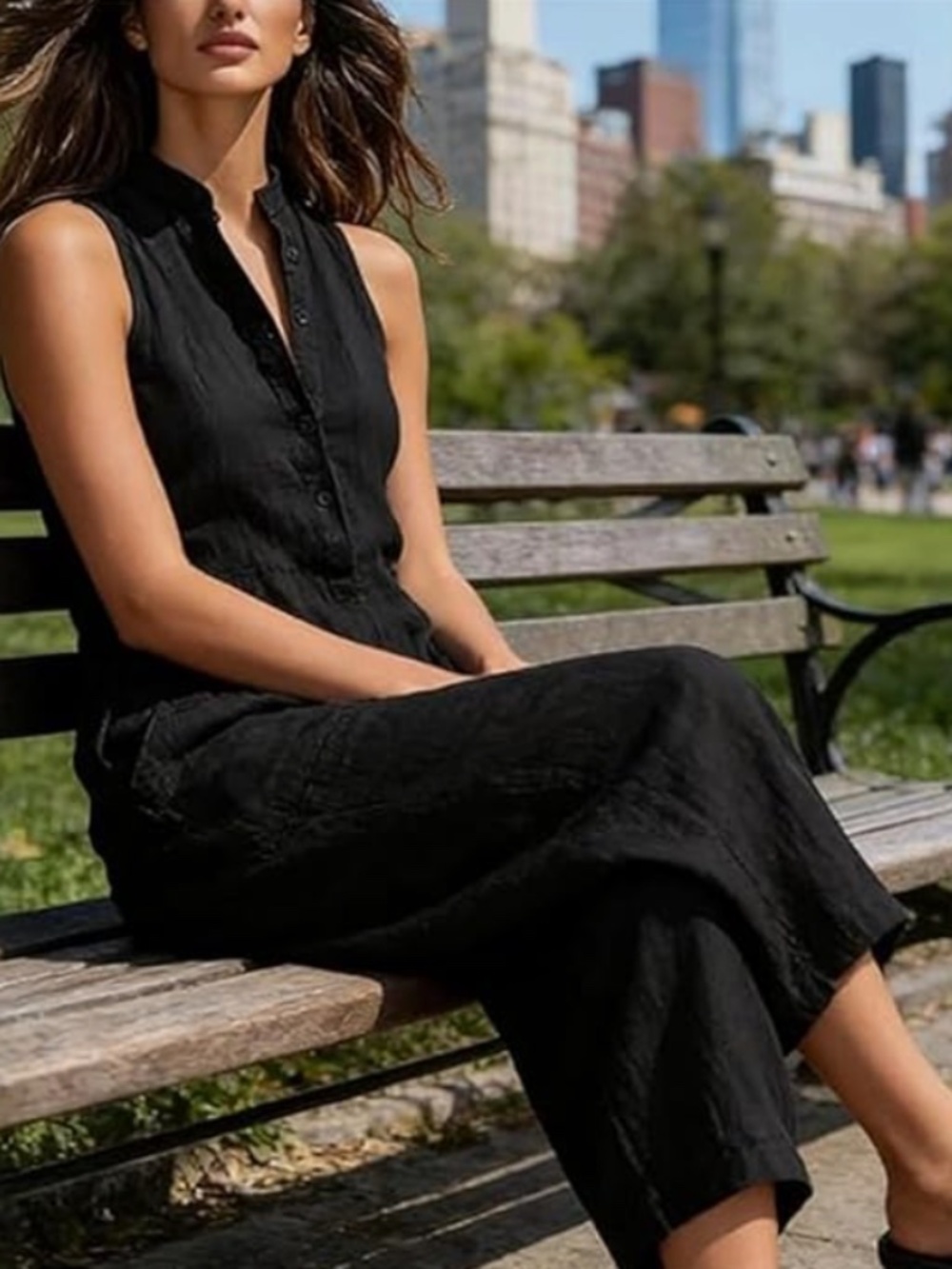 Black Linen Jumpsuit. Wide Leg. Sleeveless Half Button Linen Overall. M. NWOT - Picture 3 of 5